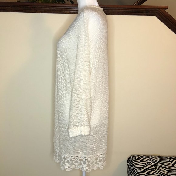 FOREVER 21 Cream Coastal Lightweight Open Crochet Style Lacey Longline Cardigan - Picture 7 of 12
